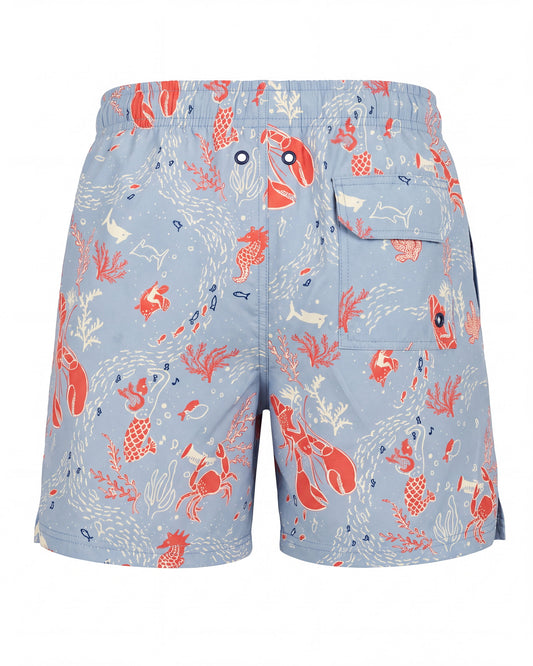 Pantaloneta de baño CRETA azul cielo con motivos marinos coral, vista trasera
