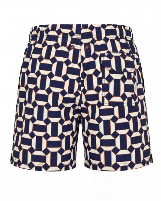Pantaloneta de baño MILOS azul marino y crema con geométrico de semicírculos, vista trasera