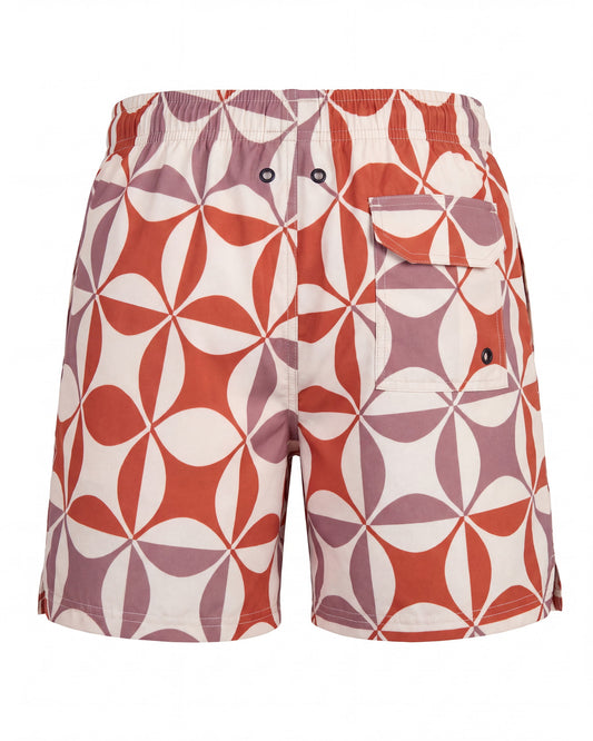 Pantaloneta de baño niño NISSI blanca con rosetones geométricos rojos, vista trasera