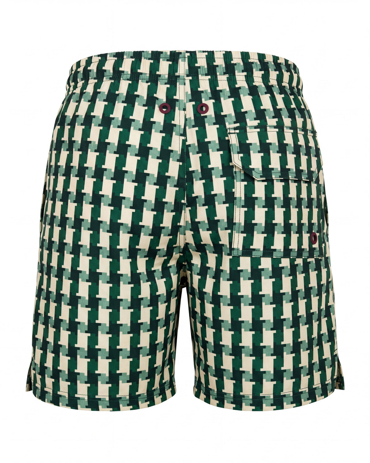 Pantaloneta de baño niño MACARELA verde y crema con trenzado de cestería, vista trasera