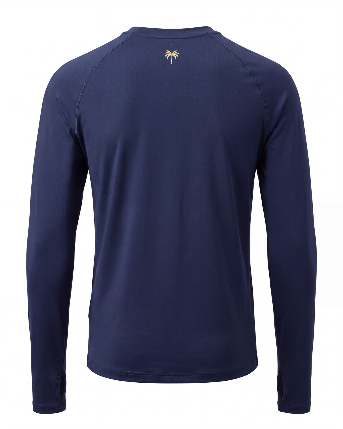Espalda del rashguard FIJI azul marino con la palmera dorada bajo el cuello