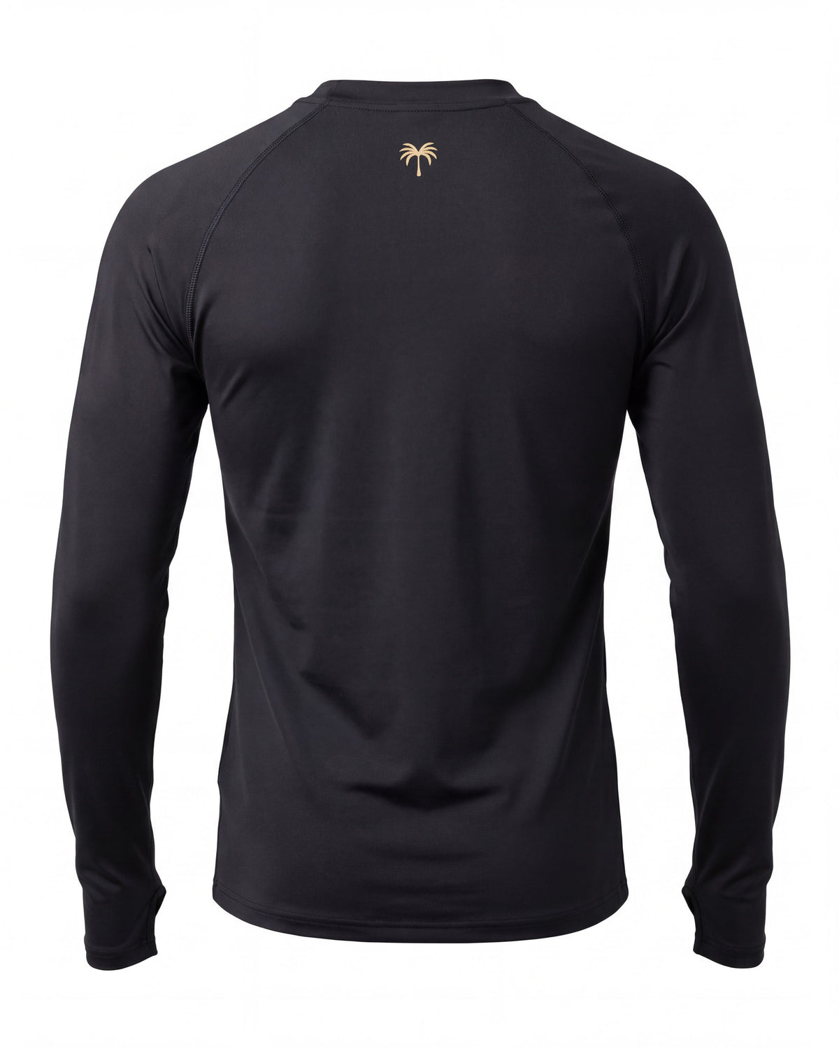 Espalda del rashguard FIJI negro con la palmera dorada bajo el cuello