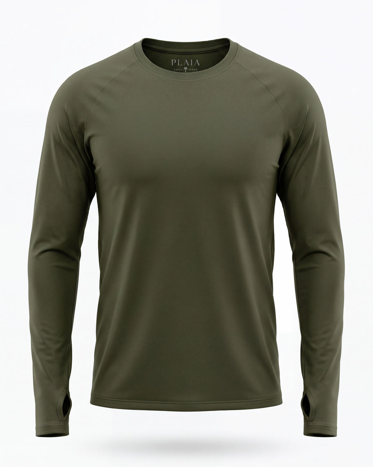Rashguard FIJI verde oliva, vista frontal, manga larga de corte raglán