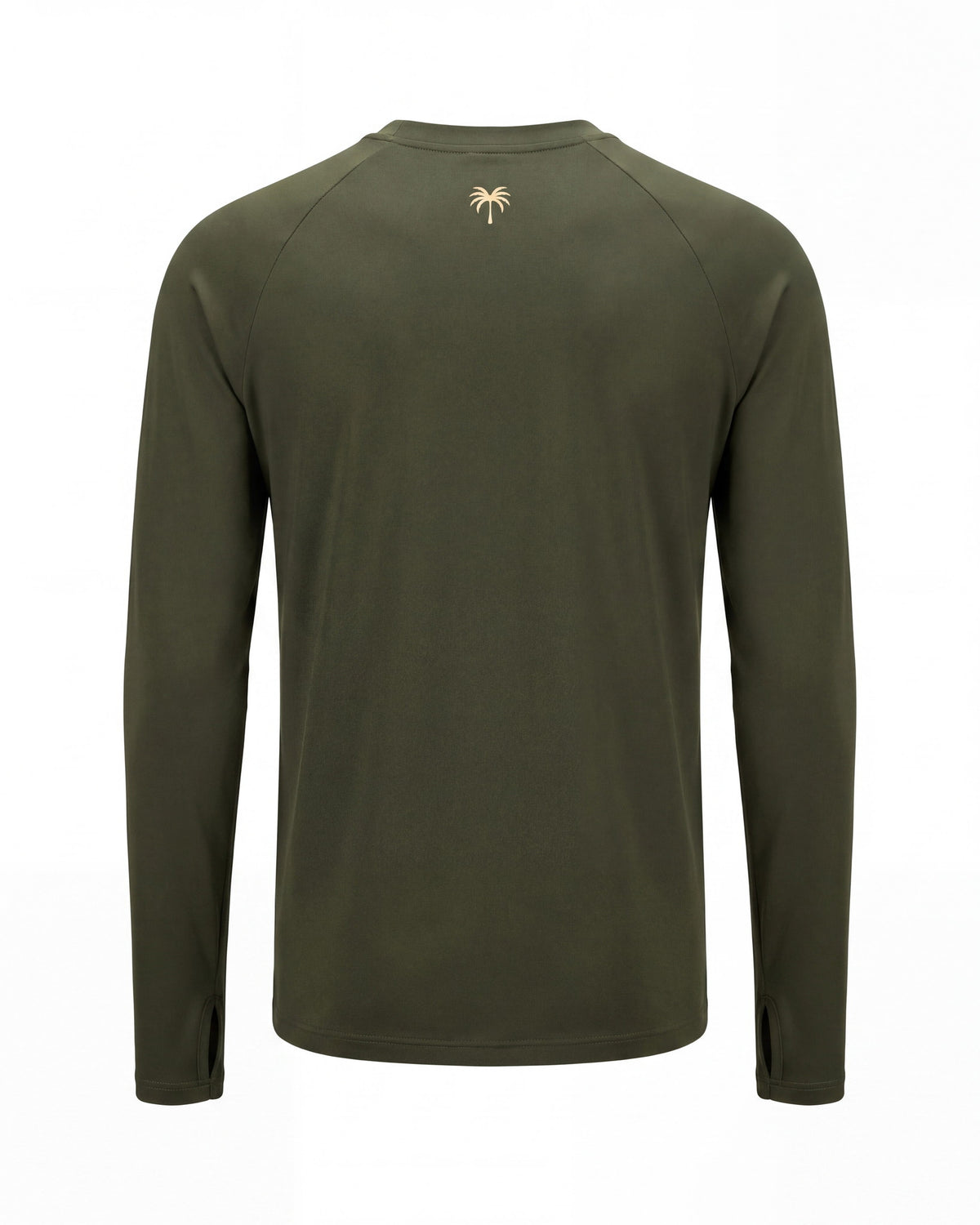 Espalda del rashguard FIJI verde oliva con la palmera dorada bajo el cuello