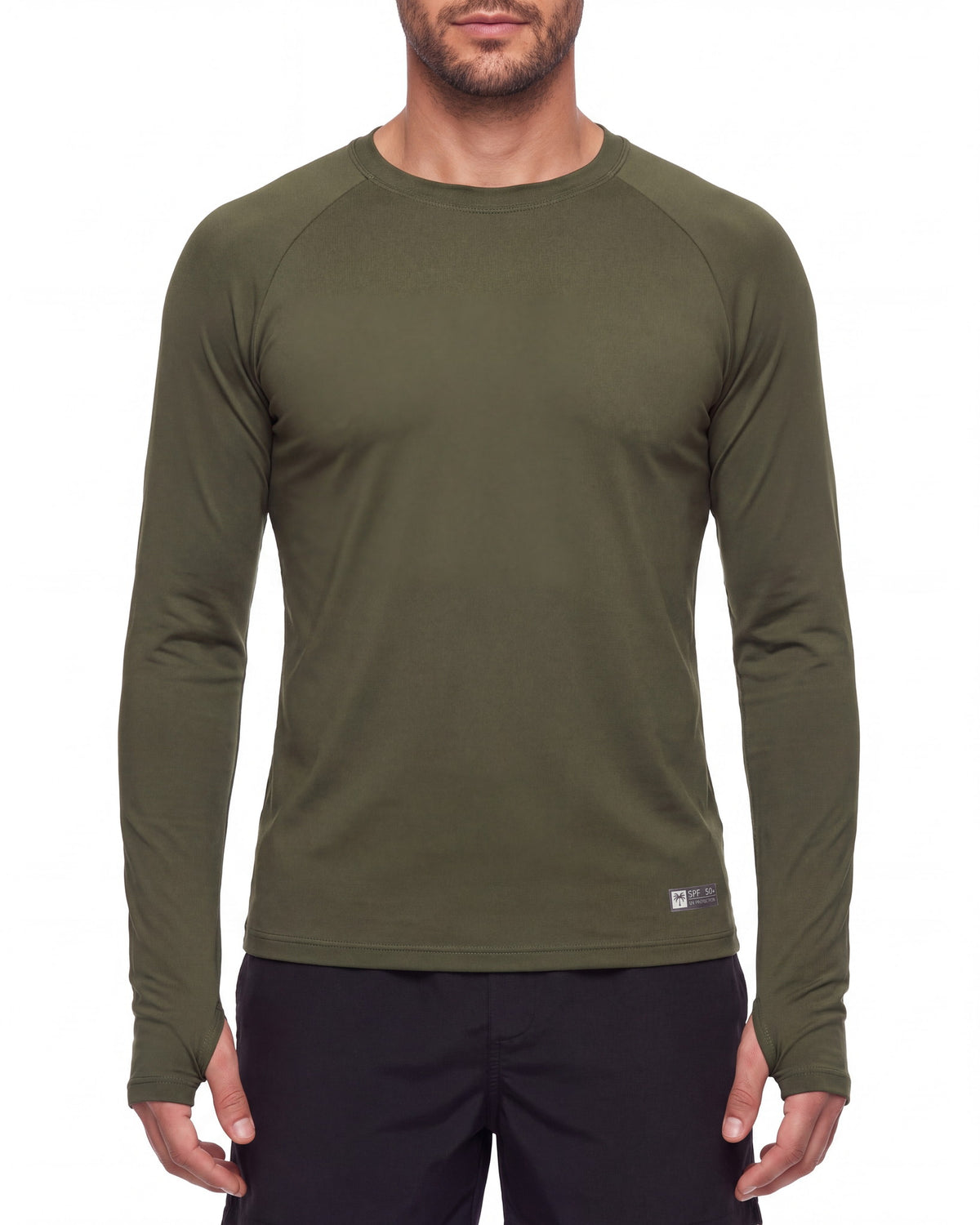 Torso de hombre con rashguard FIJI verde oliva de manga larga y costuras planas