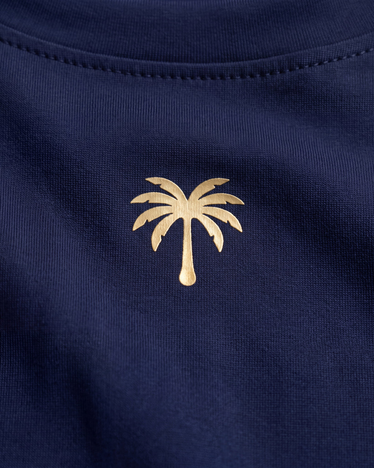 Palmera dorada estampada sobre el tejido azul marino del rashguard de niño