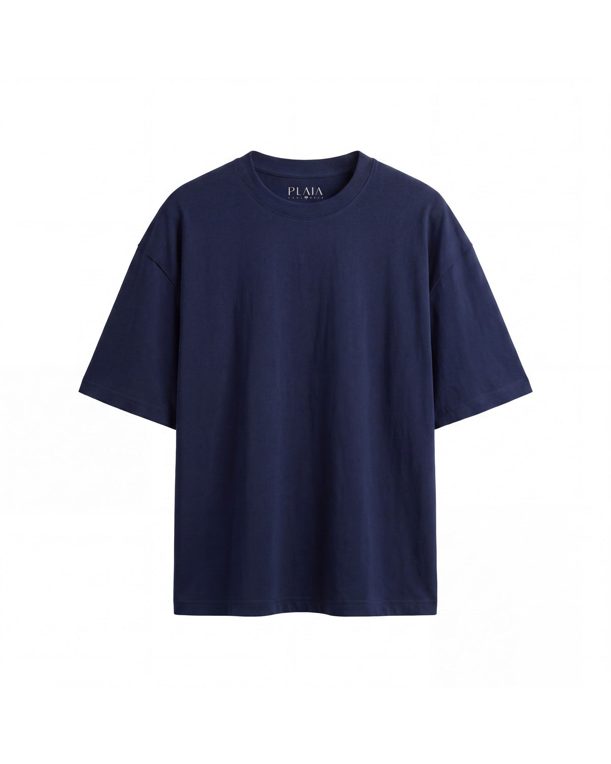 Camiseta KAI azul marino, vista frontal sobre fondo blanco, cuello redondo y hombro caído