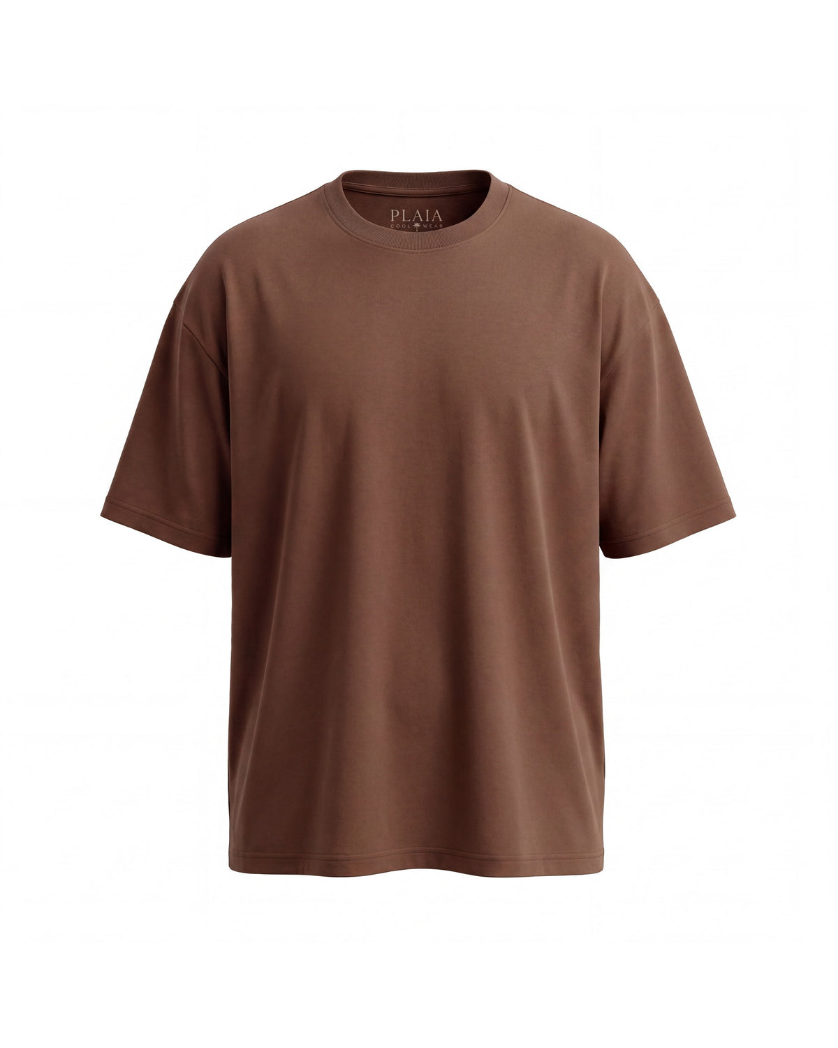 Camiseta KAI café, vista frontal sobre fondo blanco, cuello redondo y hombro caído