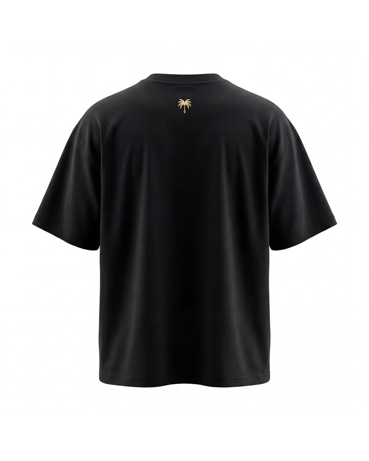 Espalda de la camiseta KAI negro con la palmera dorada bajo el cuello