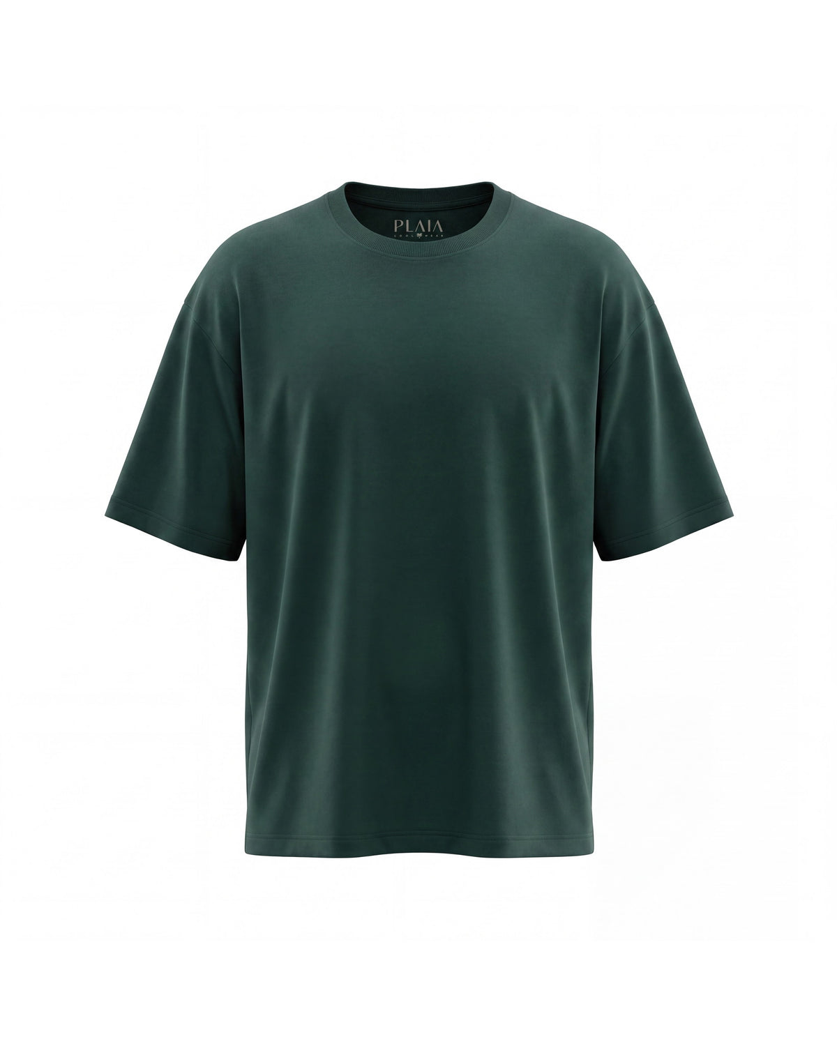 Camiseta KAI verde botella, vista frontal sobre fondo blanco, cuello redondo y hombro caído