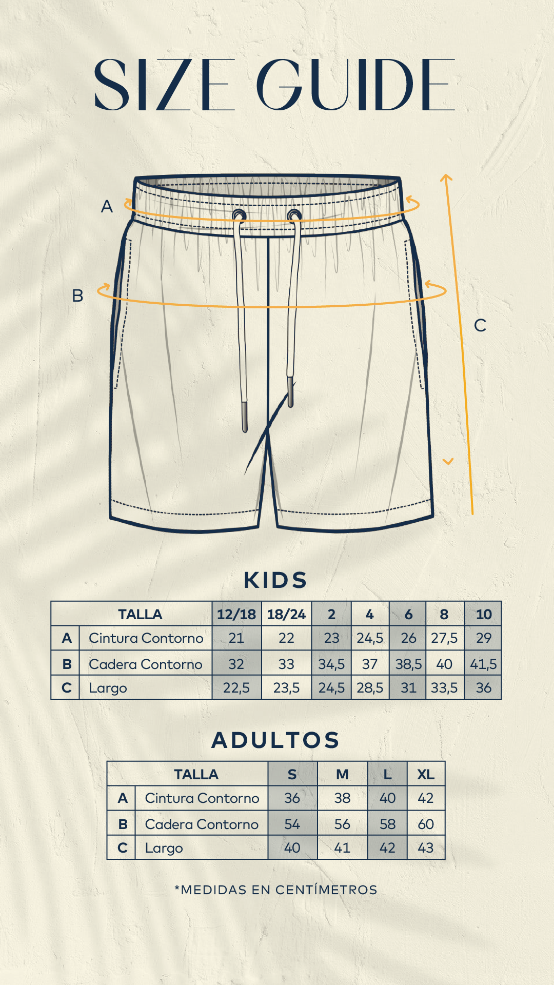 Guía de tallas para pantalonetas de baño Plaia Colombia para niños y adultos