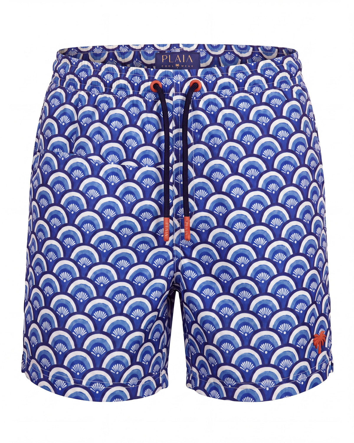 Pantaloneta de baño BONDI azul con estampado de olas japonesas, vista frontal