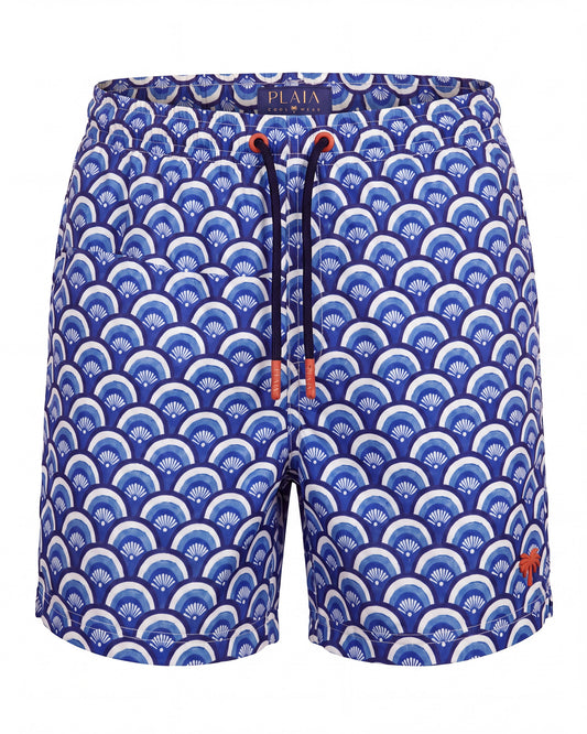 Pantaloneta de baño BONDI azul con estampado de olas japonesas, vista frontal