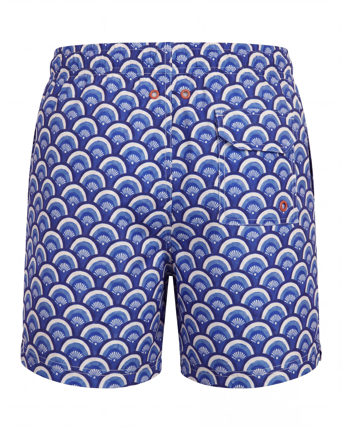 Pantaloneta de baño BONDI azul con estampado de olas japonesas, vista trasera