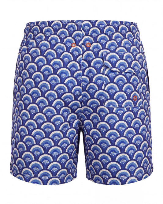 Pantaloneta de baño BONDI azul con estampado de olas japonesas, vista trasera