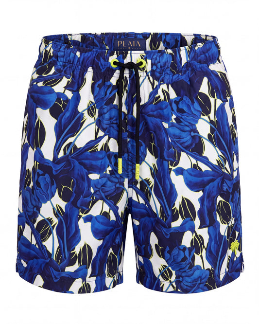 Pantaloneta de baño BORA BORA blanca con estampado tropical azul, vista frontal