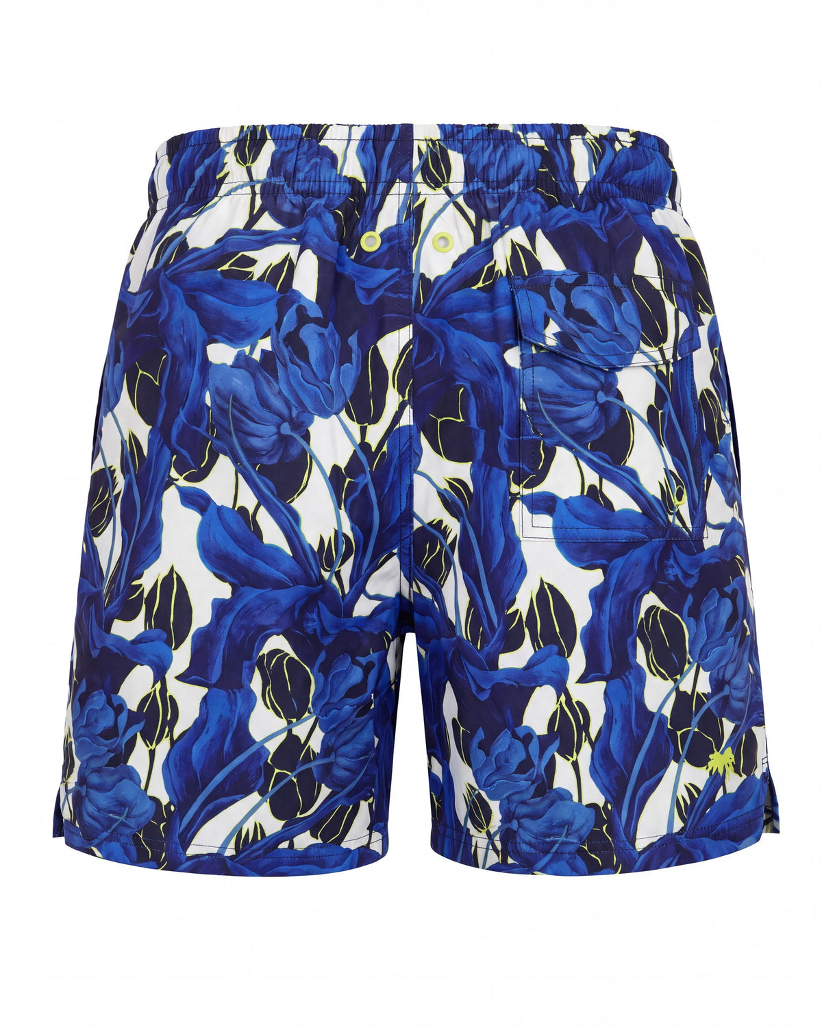 Pantaloneta de baño BORA BORA blanca con estampado tropical azul, vista trasera