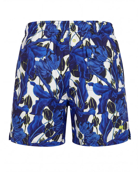 Pantaloneta de baño BORA BORA blanca con estampado tropical azul, vista trasera