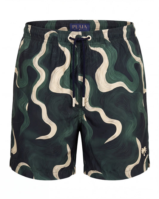 Pantaloneta de baño COPACABANA verde bosque con ondas crema, vista frontal