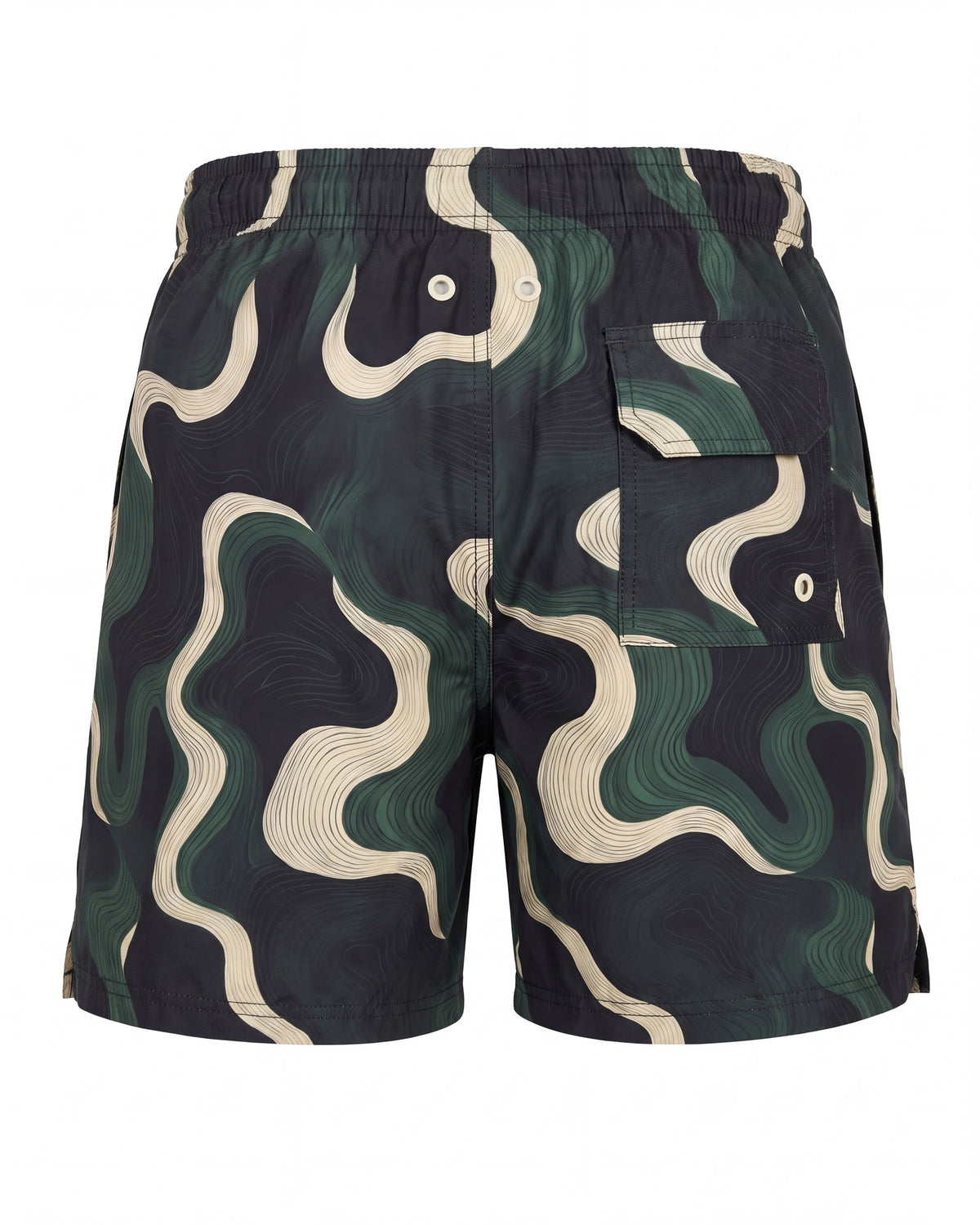 Pantaloneta de baño COPACABANA verde bosque con ondas crema, vista trasera
