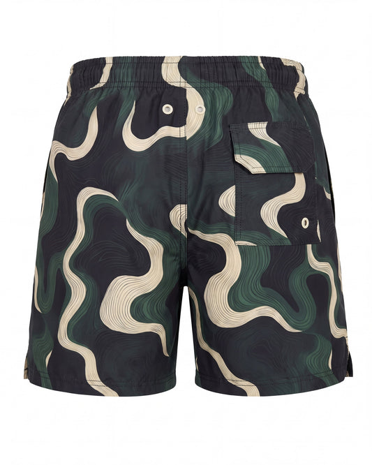 Pantaloneta de baño COPACABANA verde bosque con ondas crema, vista trasera