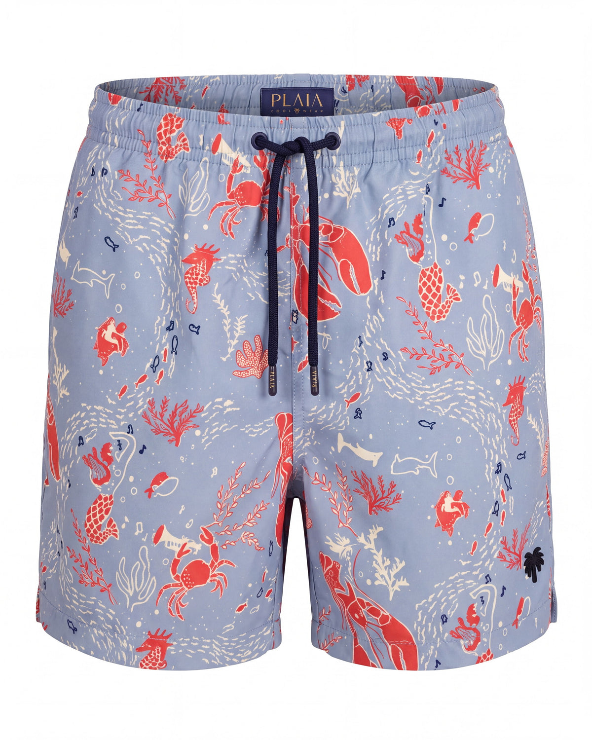 Pantaloneta de baño CRETA azul cielo con motivos marinos coral, vista frontal