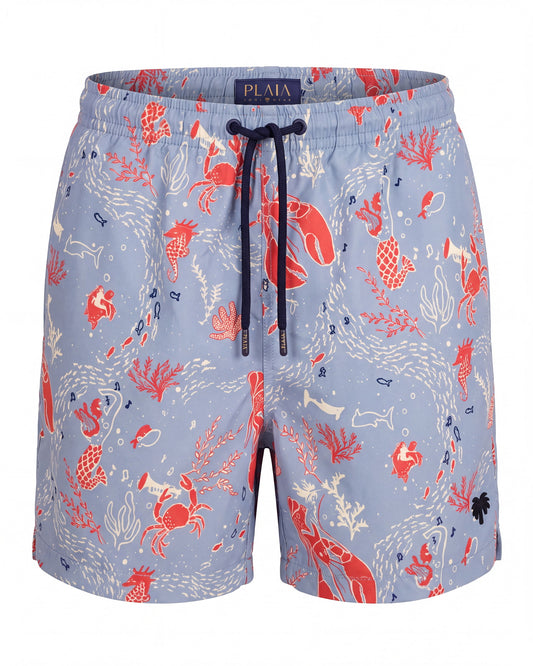 Pantaloneta de baño CRETA azul cielo con motivos marinos coral, vista frontal