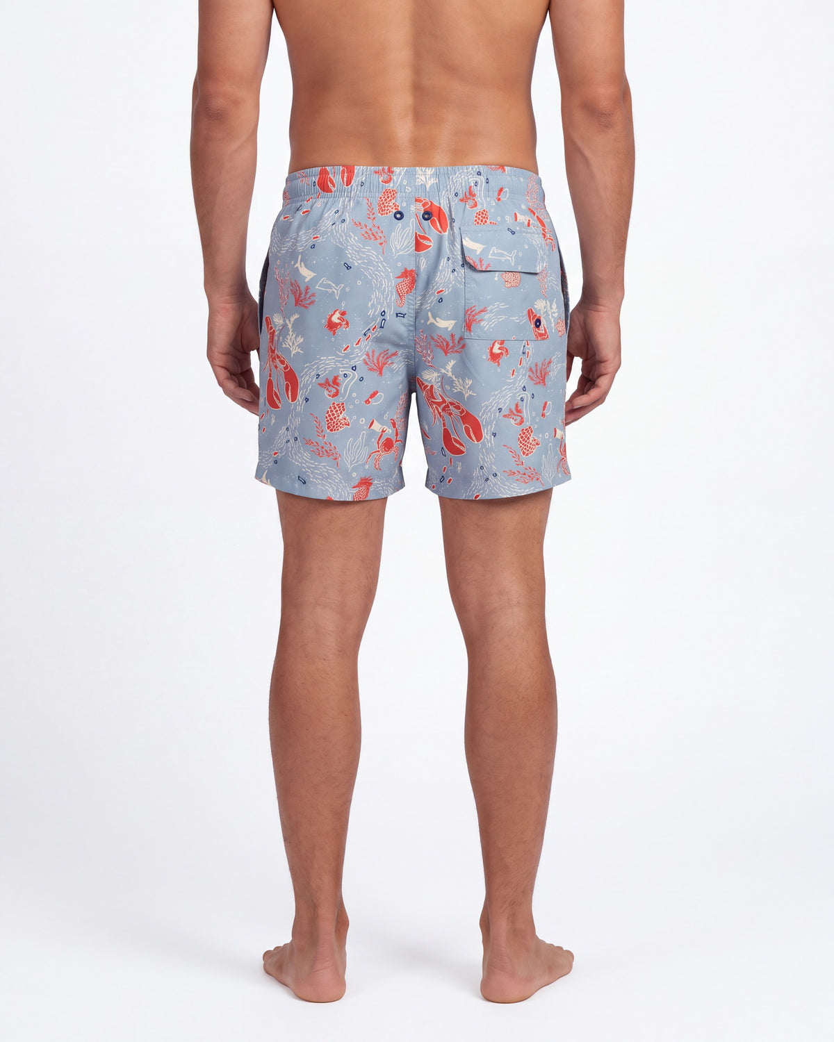 Hombre con pantaloneta de baño CRETA azul cielo con motivos marinos coral, de espaldas