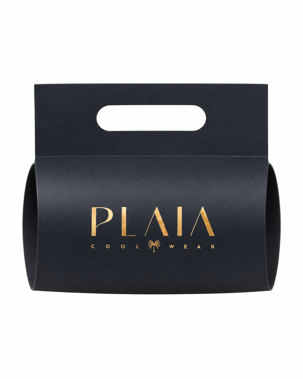 Empaque de regalo PLAIA: faja de cartón negro con logo dorado y asa troquelada