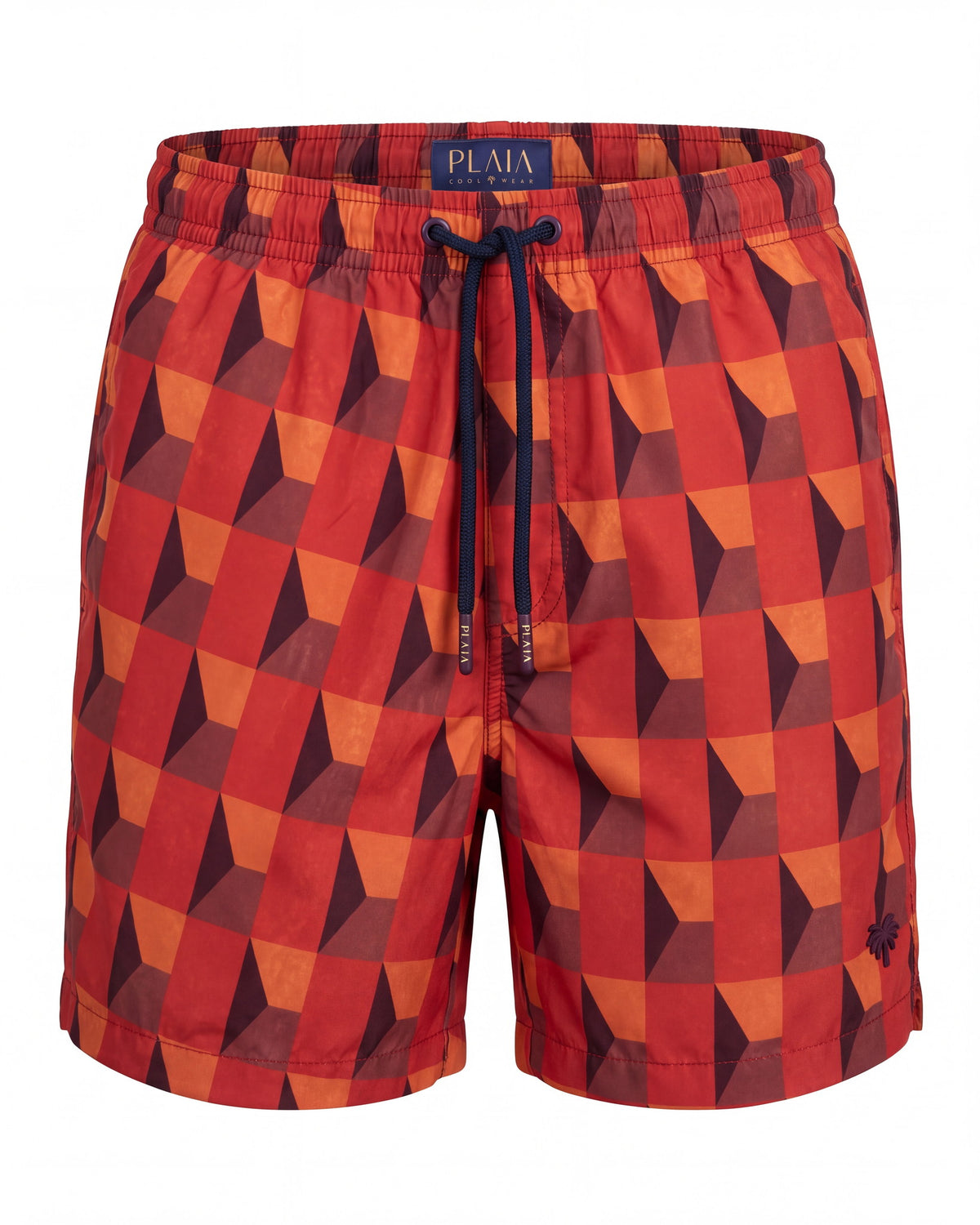 Pantaloneta de baño FALCON rojo coral con triángulos geométricos, vista frontal