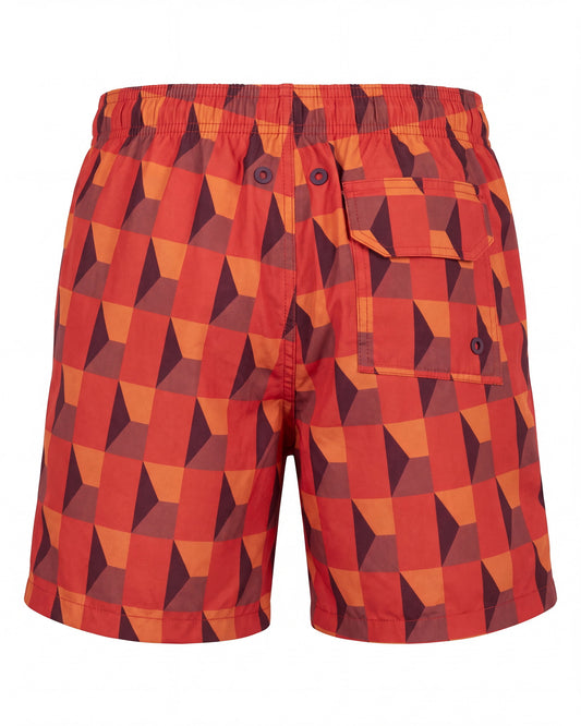 Pantaloneta de baño FALCON rojo coral con triángulos geométricos, vista trasera