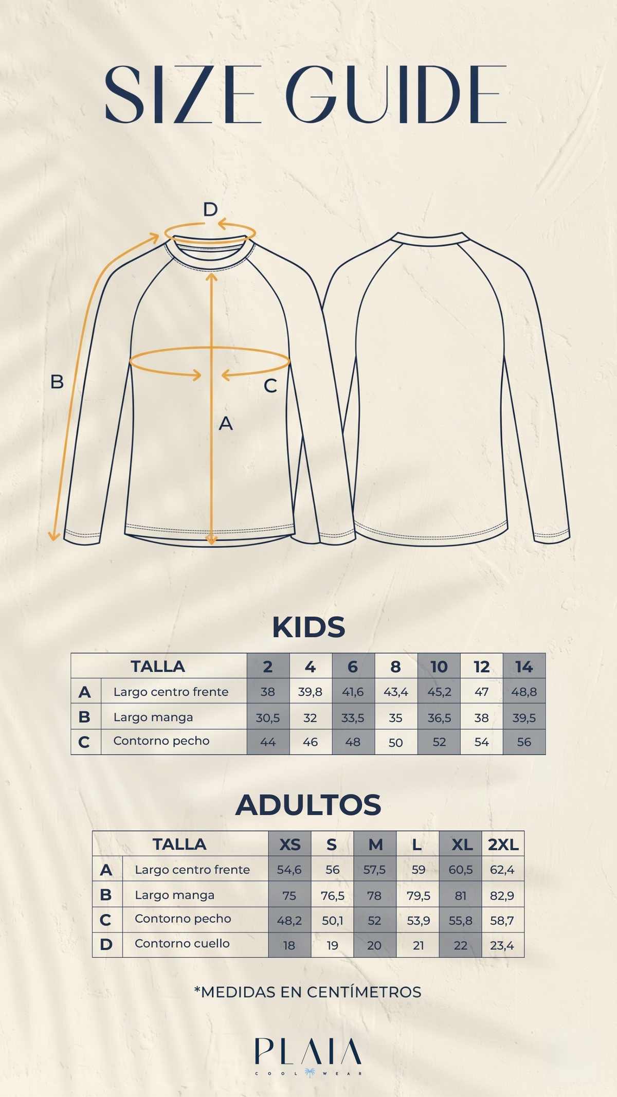 Guía de tallas del rashguard FIJI: largo, manga, pecho y cuello, adulto y niño