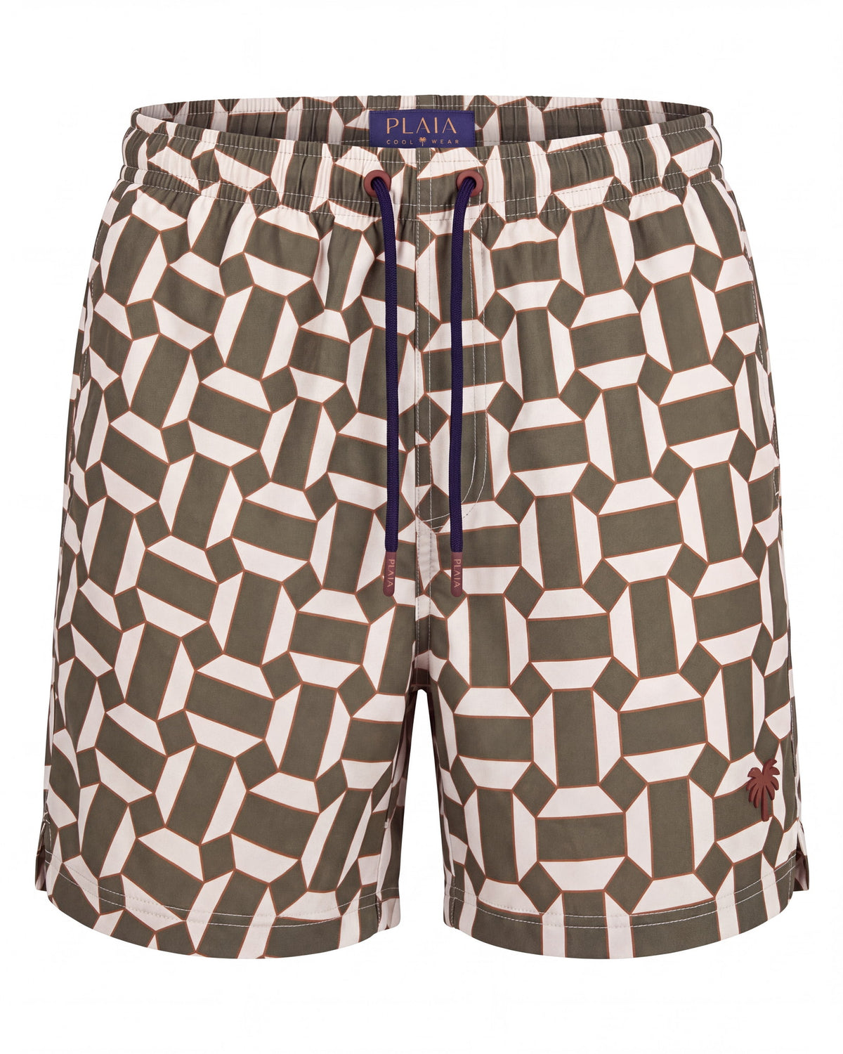Pantaloneta de baño IBIZA verde oliva con teselas entrelazadas, vista frontal