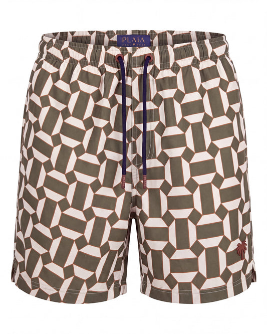Pantaloneta de baño IBIZA verde oliva con teselas entrelazadas, vista frontal