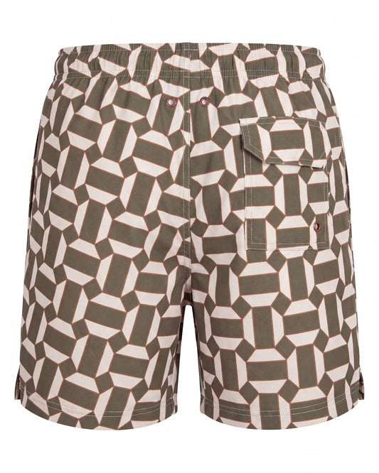 Pantaloneta de baño IBIZA verde oliva con teselas entrelazadas, vista trasera
