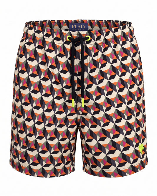 Pantaloneta de baño LOS CABOS crema con caleidoscopio de triángulos, vista frontal
