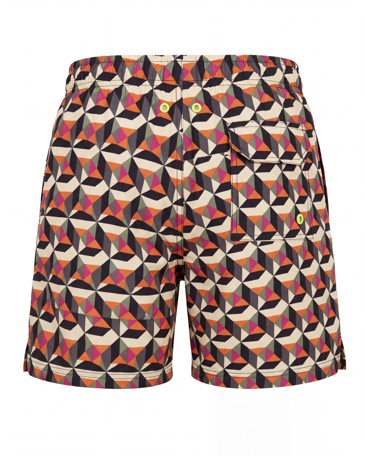 Pantaloneta de baño LOS CABOS crema con caleidoscopio de triángulos, vista trasera