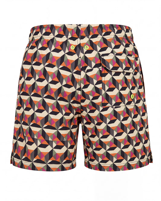 Pantaloneta de baño LOS CABOS crema con caleidoscopio de triángulos, vista trasera