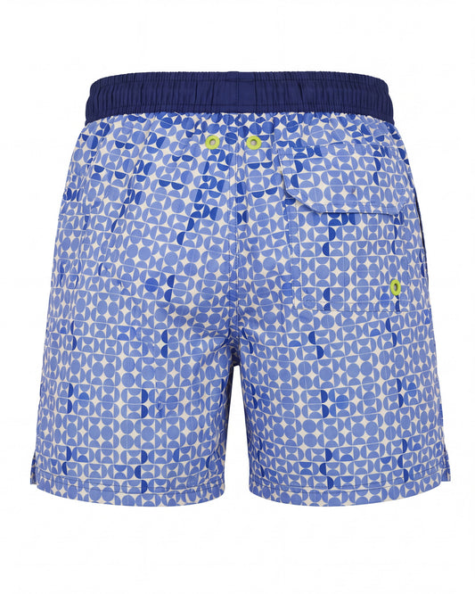 Pantaloneta de baño LOS ROQUES azul brillante con micro-mosaico blanco, vista trasera
