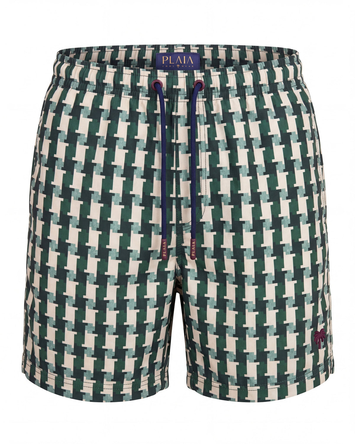 Pantaloneta de baño MACARELA verde y crema con trenzado de cestería, vista frontal