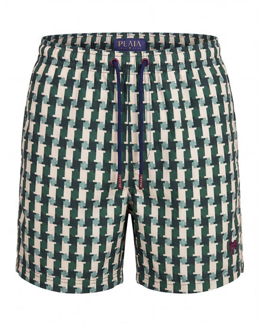 Pantaloneta de baño MACARELA verde y crema con trenzado de cestería, vista frontal