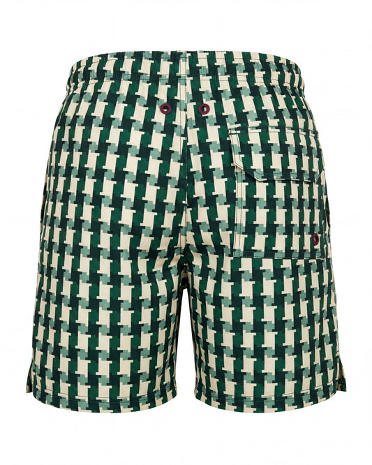 Pantaloneta de baño MACARELA verde y crema con trenzado de cestería, vista trasera