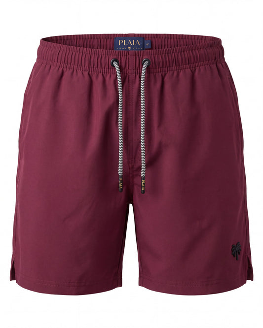 Pantaloneta de baño MALDIVAS burdeos lisa, vista frontal