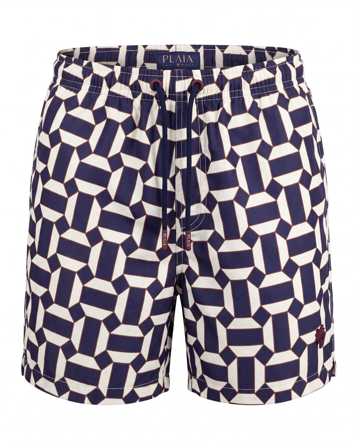 Pantaloneta de baño MILOS azul marino y crema con geométrico de semicírculos, vista frontal