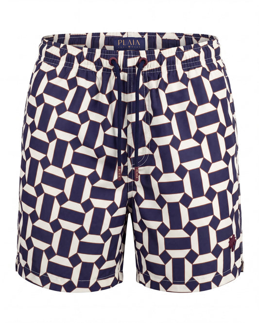 Pantaloneta de baño MILOS azul marino y crema con geométrico de semicírculos, vista frontal