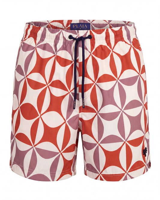 Pantaloneta de baño NISSI blanca con rosetones geométricos rojos, vista frontal
