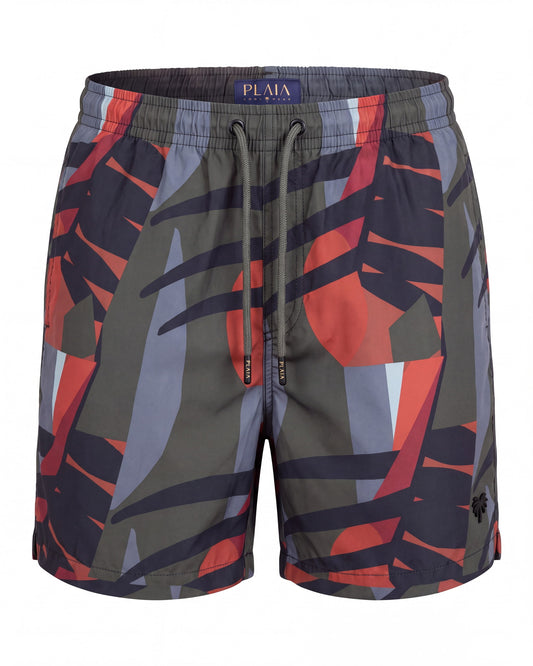 Pantaloneta de baño OIA gris carbón con bloques angulares, vista frontal