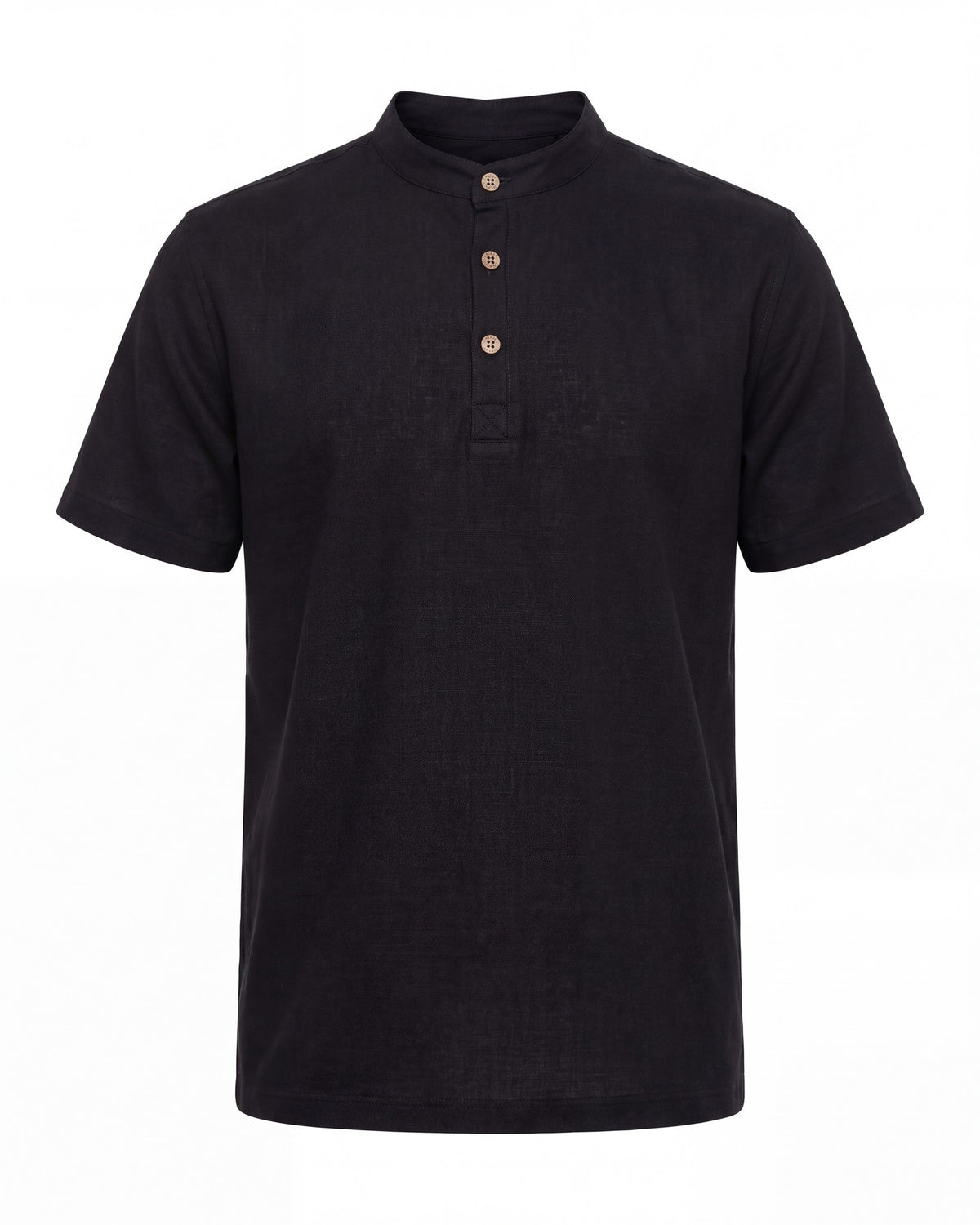 Camiseta PALOMINO negra de algodón con cuello mao y botones de coco, vista frontal