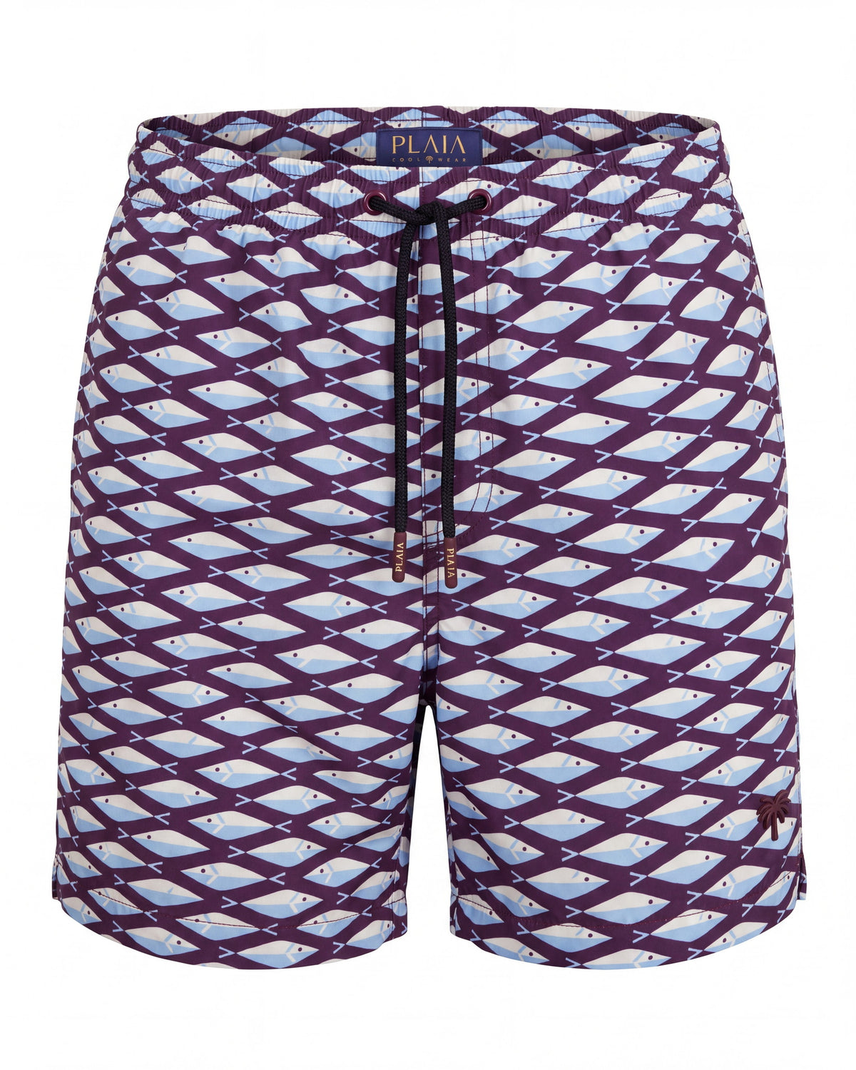 Pantaloneta de baño SCALA burdeos y aguamarina con celosía de rombos, vista frontal