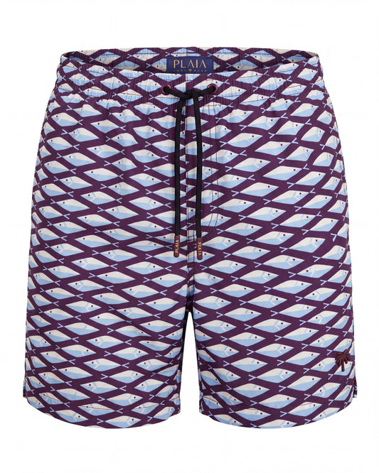 Pantaloneta de baño SCALA burdeos y aguamarina con celosía de rombos, vista frontal